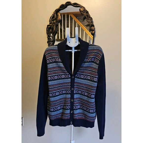 Brooks Brothers Italian Yarn Merino Wool Fair Isle Cardigan Sweater Mens L Navy - Picture 2 of 5